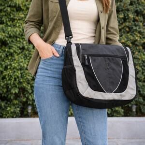 Trailmaker Messenger Bag Black Gray Canvas Crossbody Laptop Travel Work Unisex